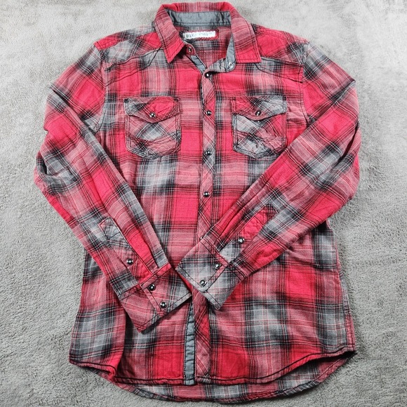 BKE Athletic Fit Plaid Flannel Shirt Mens M Medium Red Gray Western Snap Pockets - Picture 2 of 10